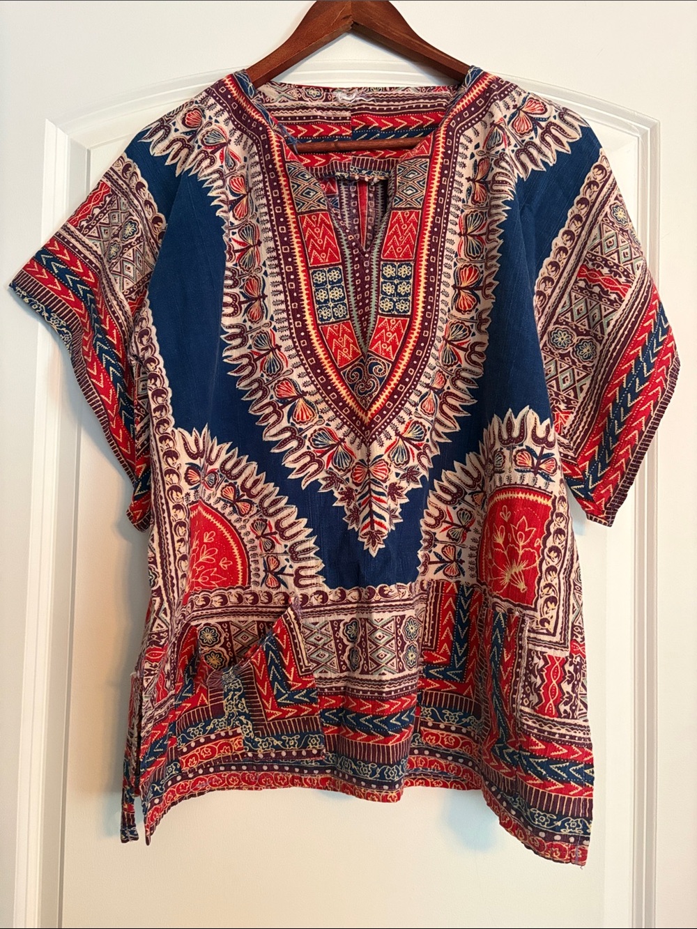 Bohemian Navy & Red Printed V-Neck Women's Top